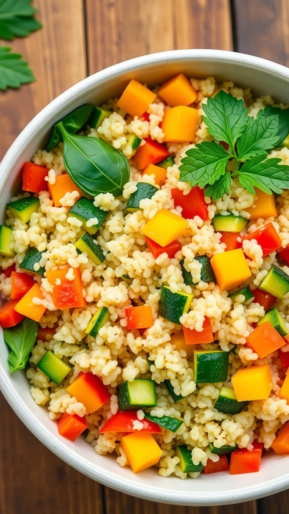 One-Pot Quinoa Vegetable Medley A colorful bowl of quinoa with bell peppers, zucchini, and spinach, garnished with parsley on a rustic table.